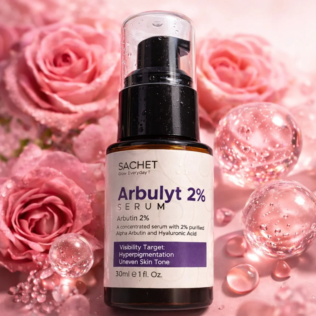 Sachet Arbulyt 2% Serum bottle with pink roses and water droplets in the background