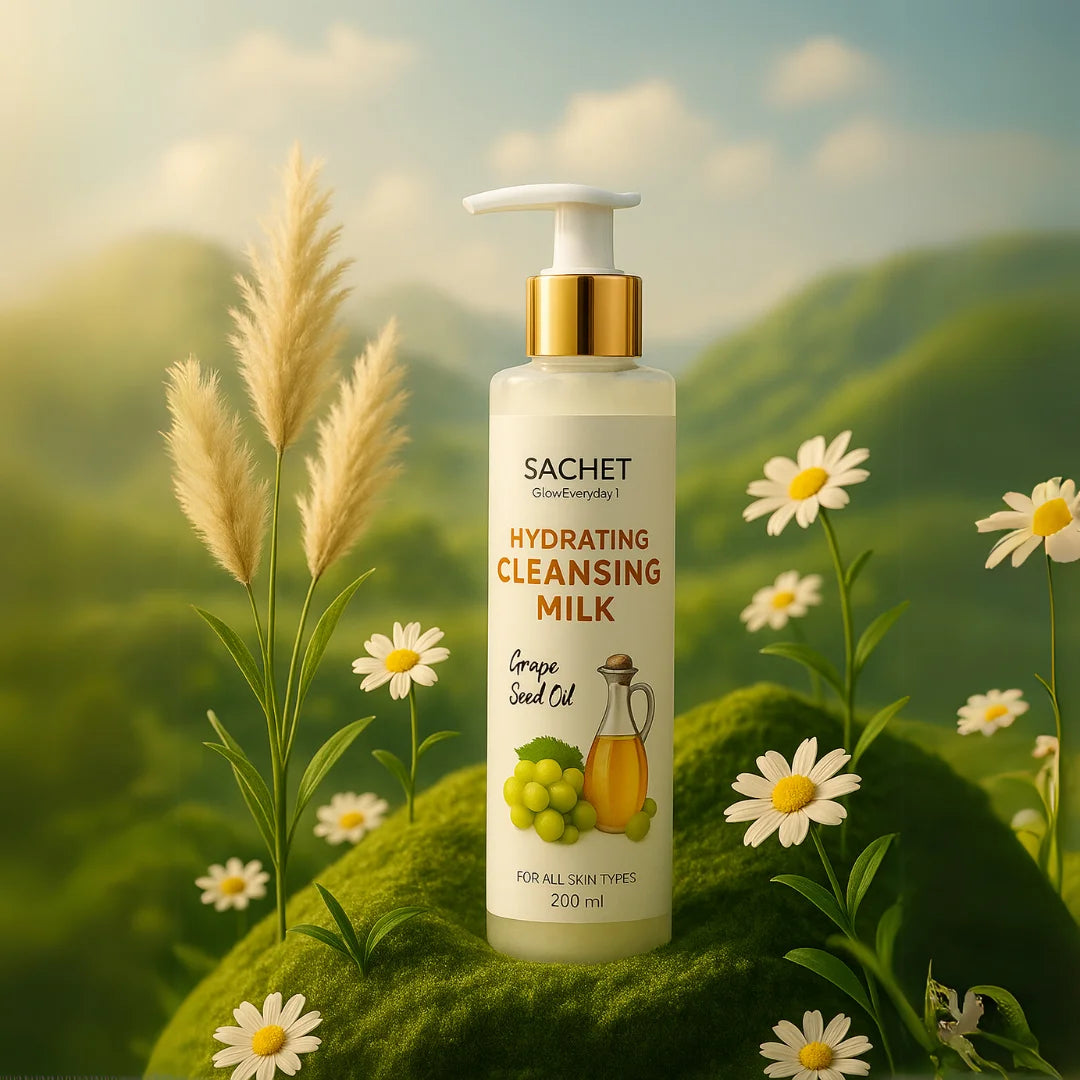 Sachet Hydrating Cleansing Milk bottle with a natural background of flowers and greenery