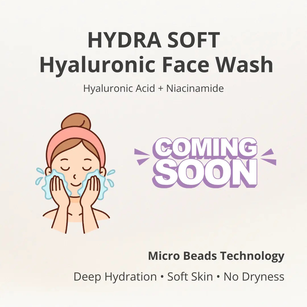 Promotional graphic for Hydra Soft Hyaluronic Face Wash with a woman washing her face and text about product features.