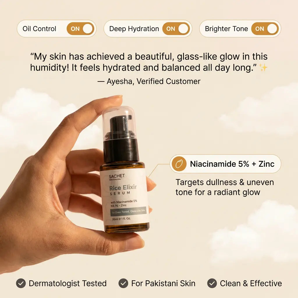 Hand holding a bottle of rice elixir serum with product details and customer feedback on a beige background