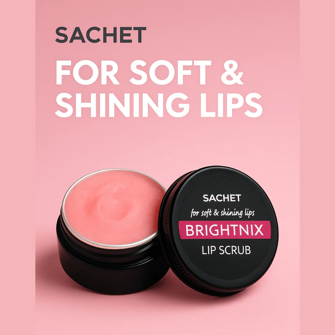 Sachet Brightnix lip scrub on a pink background with text about soft and shining lips.