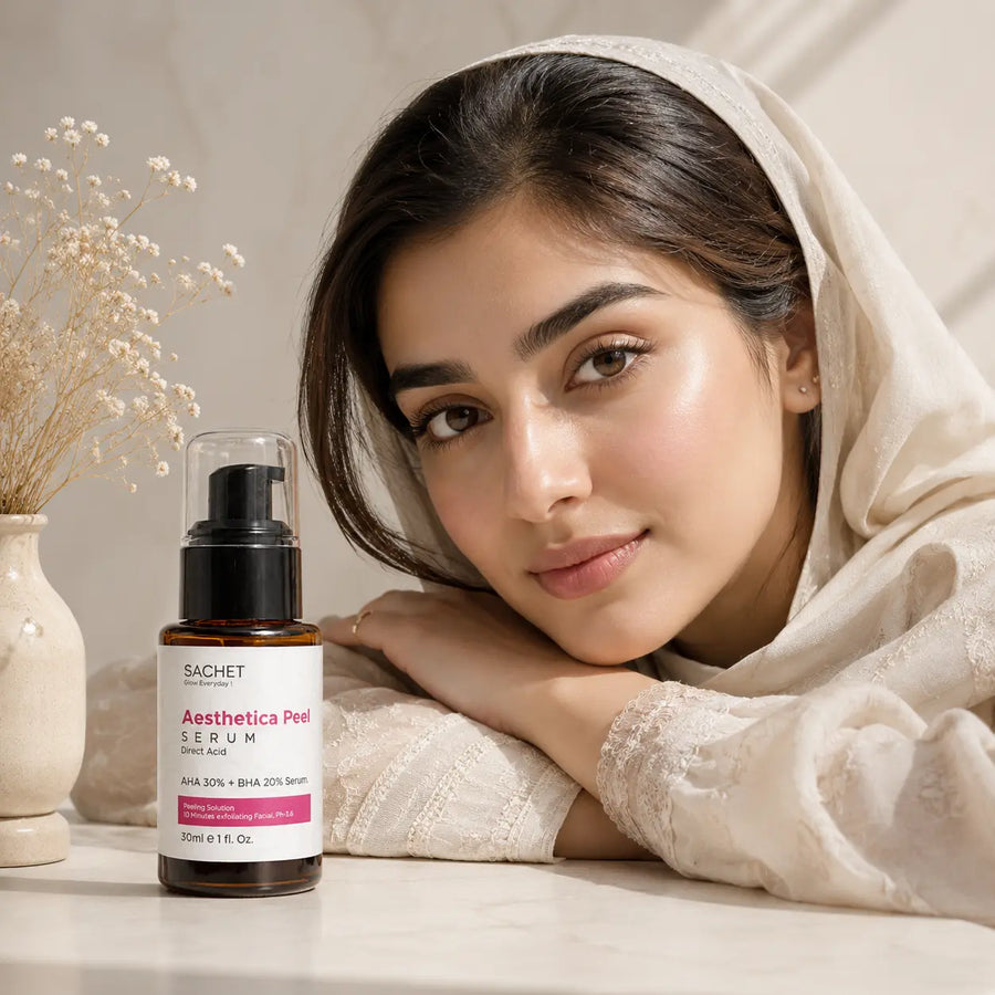 Sachet Aesthetica Peel Serum bottle on a white background