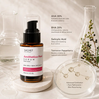 SACHET Aesthetica Peel Serum bottle on a white surface with a blurred background of a person in a lab coat.