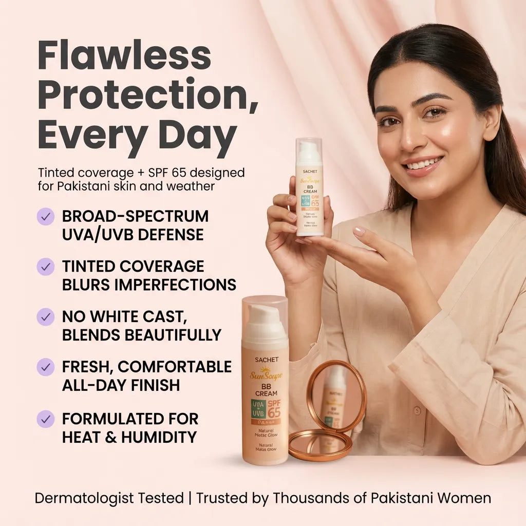 Woman holding a skincare product with text about its features and benefits on a pink background
