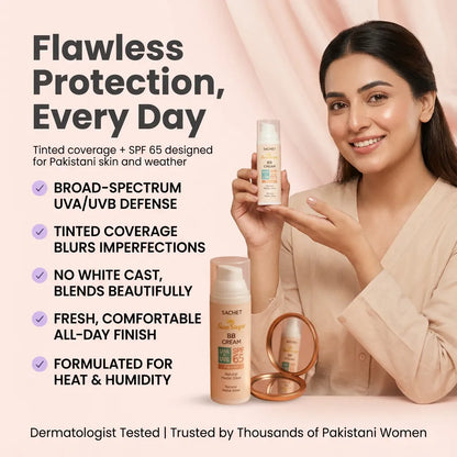 Woman holding a skincare product with text about its features and benefits on a pink background