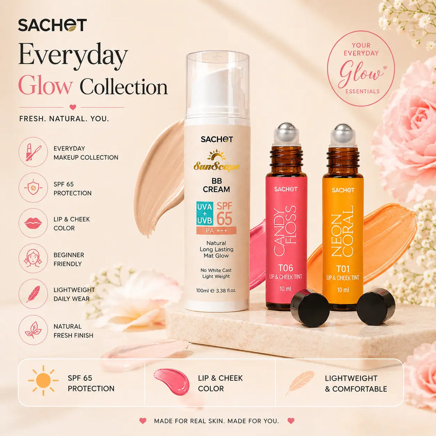 Sachet Everyday Glow Collection with products and promotional text on a light background.