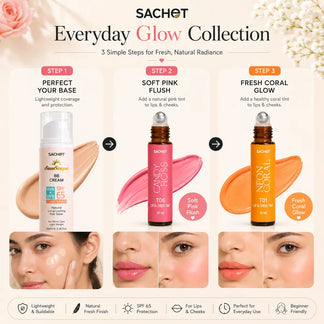 Sachet Everyday Glow Collection with products and application examples on a light background.