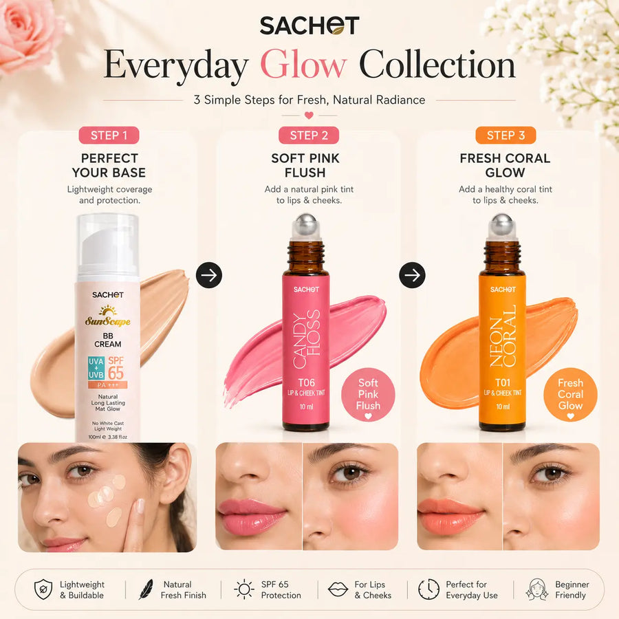 Sachet Everyday Glow Collection with products and application examples on a light background.