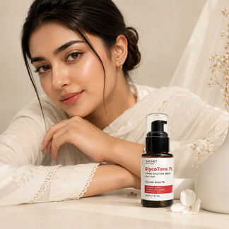 Sachet GlycoTone 7% toning solution serum bottle on a white background