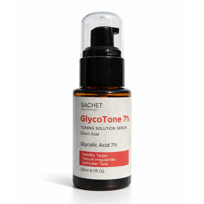 Sachet GlycoTone 7% toning solution serum bottle on a white background