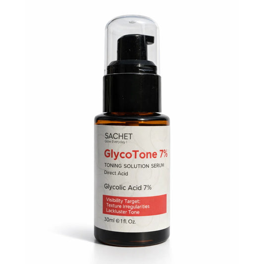 Sachet GlycoTone 7% toning solution serum bottle on a white background