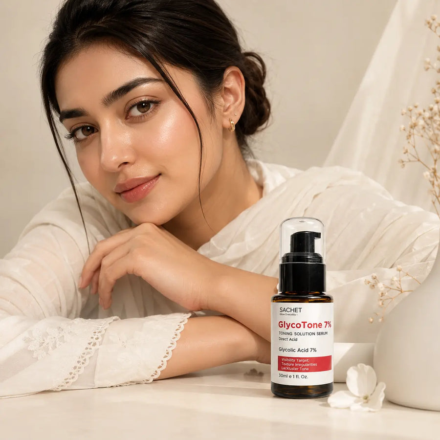 Sachet GlycoTone 7% toning solution serum bottle on a white background