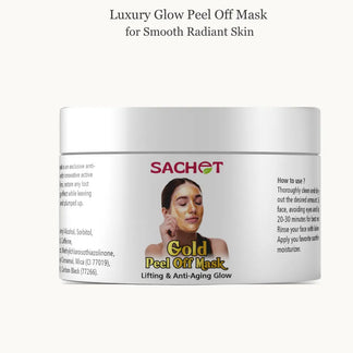 Sachet Gold Peel Off Mask packaging with a woman applying the mask on a yellow background