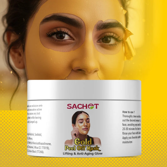 Sachet Gold Peel Off Mask packaging with a woman applying the mask on a yellow background