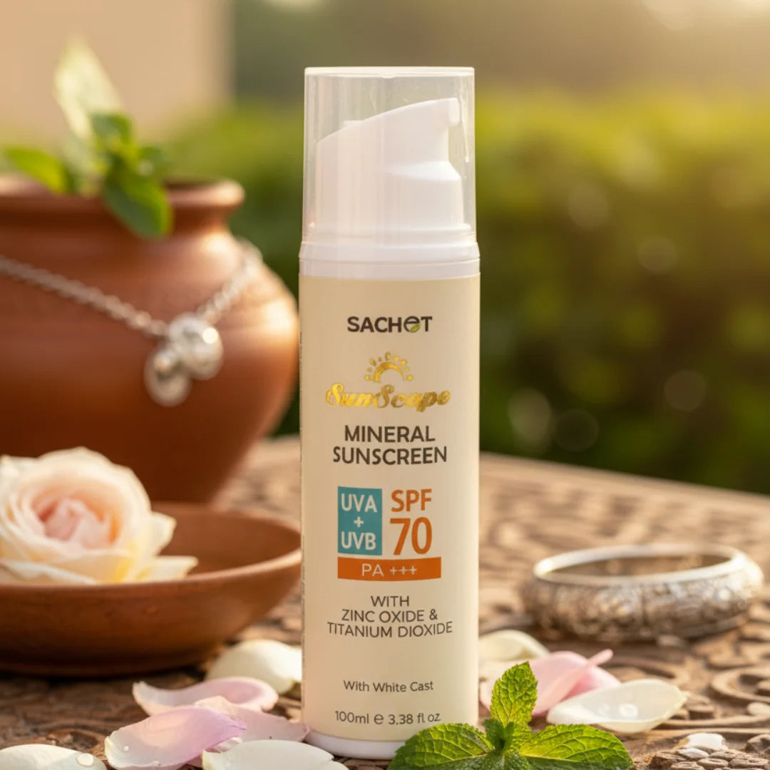Sachet mineral sunscreen bottle with natural background