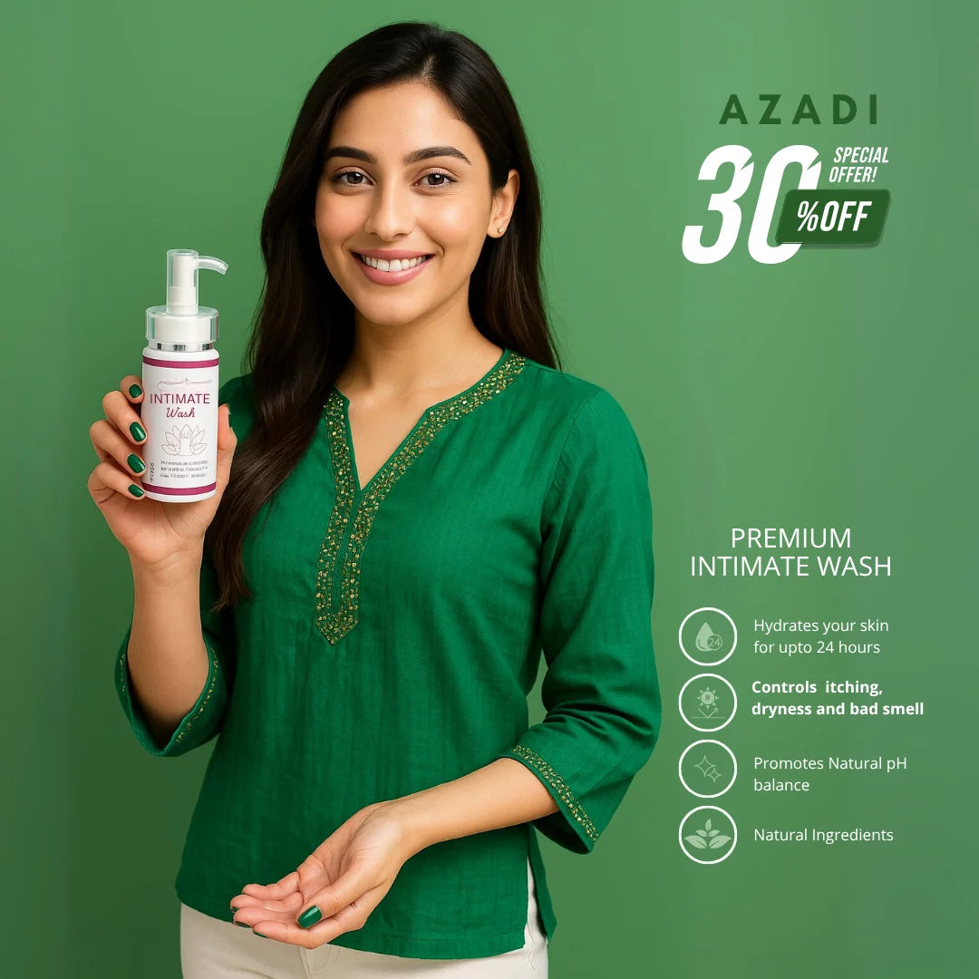 Woman holding a bottle of intimate wash with promotional text on a green background