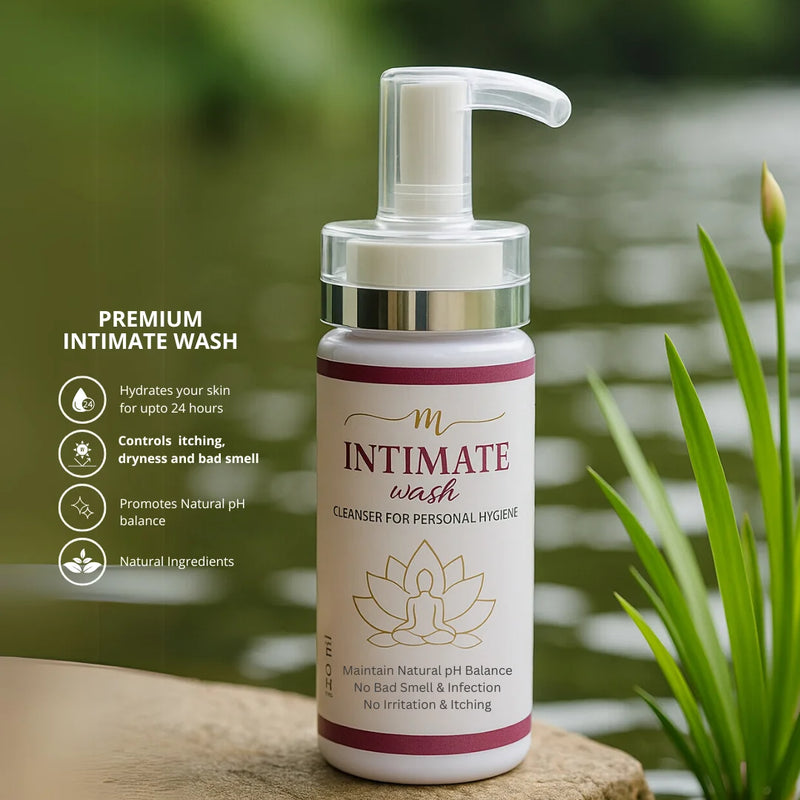 Woman holding a bottle of intimate wash with promotional text on a green background