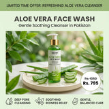 Aloe vera face wash bottle with product details on a pink gradient background