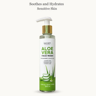 Aloe vera face wash bottle with product details on a pink gradient background