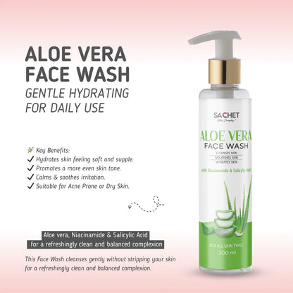 Aloe vera face wash bottle with product details on a pink gradient background