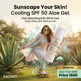 Woman holding a bottle of Sachet Cooling SPF 50 Aloe Gel with a background of aloe vera plants.