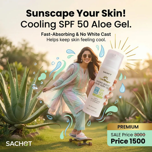 Woman holding a bottle of Sachet Cooling SPF 50 Aloe Gel with a background of aloe vera plants.