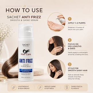 Comparison between an ordinary hair product and SACHET Anti-Frizz Smooth & Shine Serum with a woman before and after using the serum.