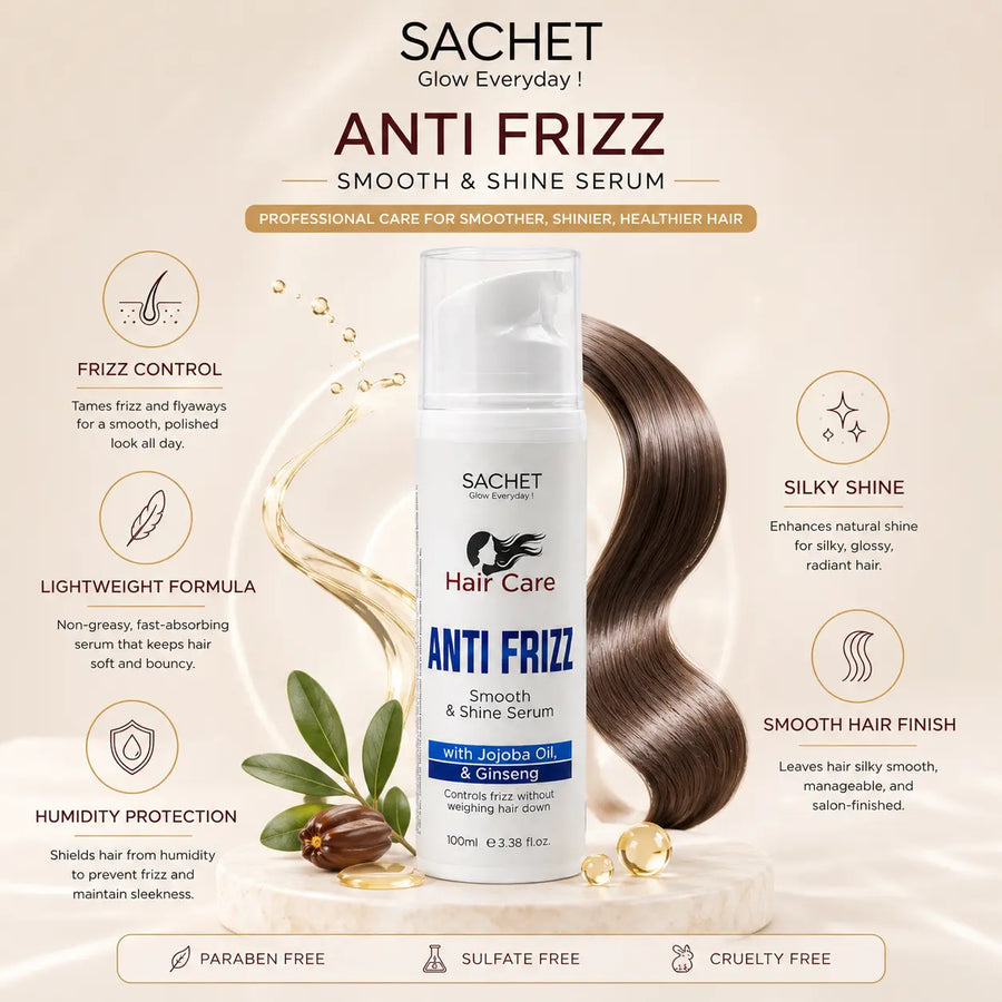 Advertisement for Sachet hair product with three scenarios and features on a pink background.