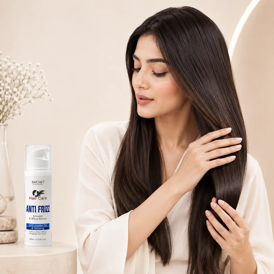 Advertisement for hair care product with text and images of a woman using the product.