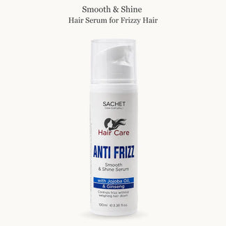 Sachet Anti Frizz Hair Serum with features listed on a light background