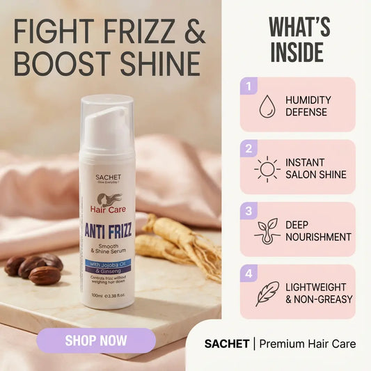 Sachet Anti Frizz Hair Serum with features listed on a light background