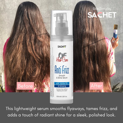 Before and after frizz control with SACHET Anti-Frizz Smooth & Shine Serum