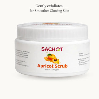Sachet Apricot Face & Body Scrub packaging with product details on a pink gradient background