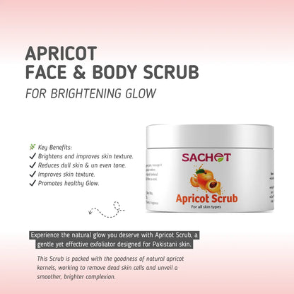 Sachet Apricot Face & Body Scrub packaging with product details on a pink gradient background