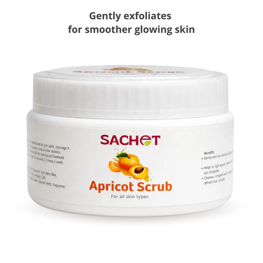 Sachet Apricot Face & Body Scrub packaging with product details on a pink gradient background
