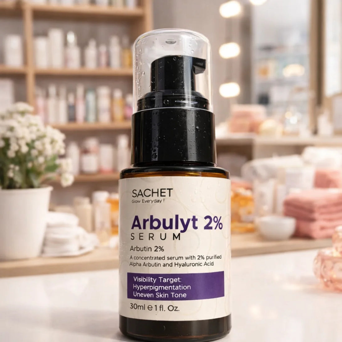 Sachet Arbulyt 2% Serum bottle on a counter with a blurred background of shelves and products.