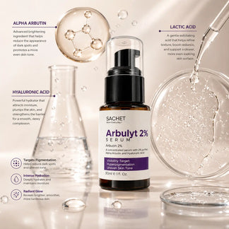 Sachet Arbulyt 2% Serum bottle on a counter with a blurred background of shelves and products.