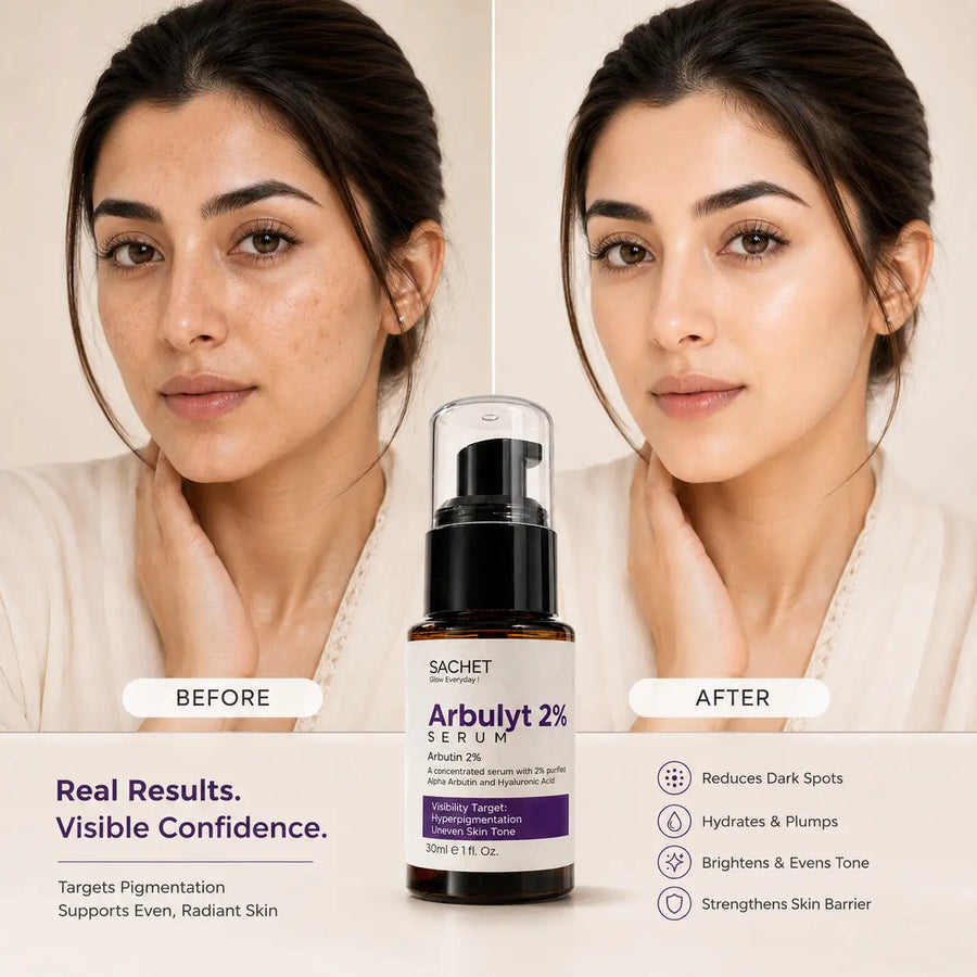 Sachet Arbulyt 2% Serum bottle with pink roses and water droplets in the background