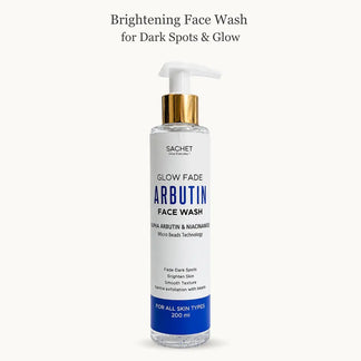 Promotional graphic for Glow Fade Arbutin Face Wash with a woman washing her face and text about product features.
