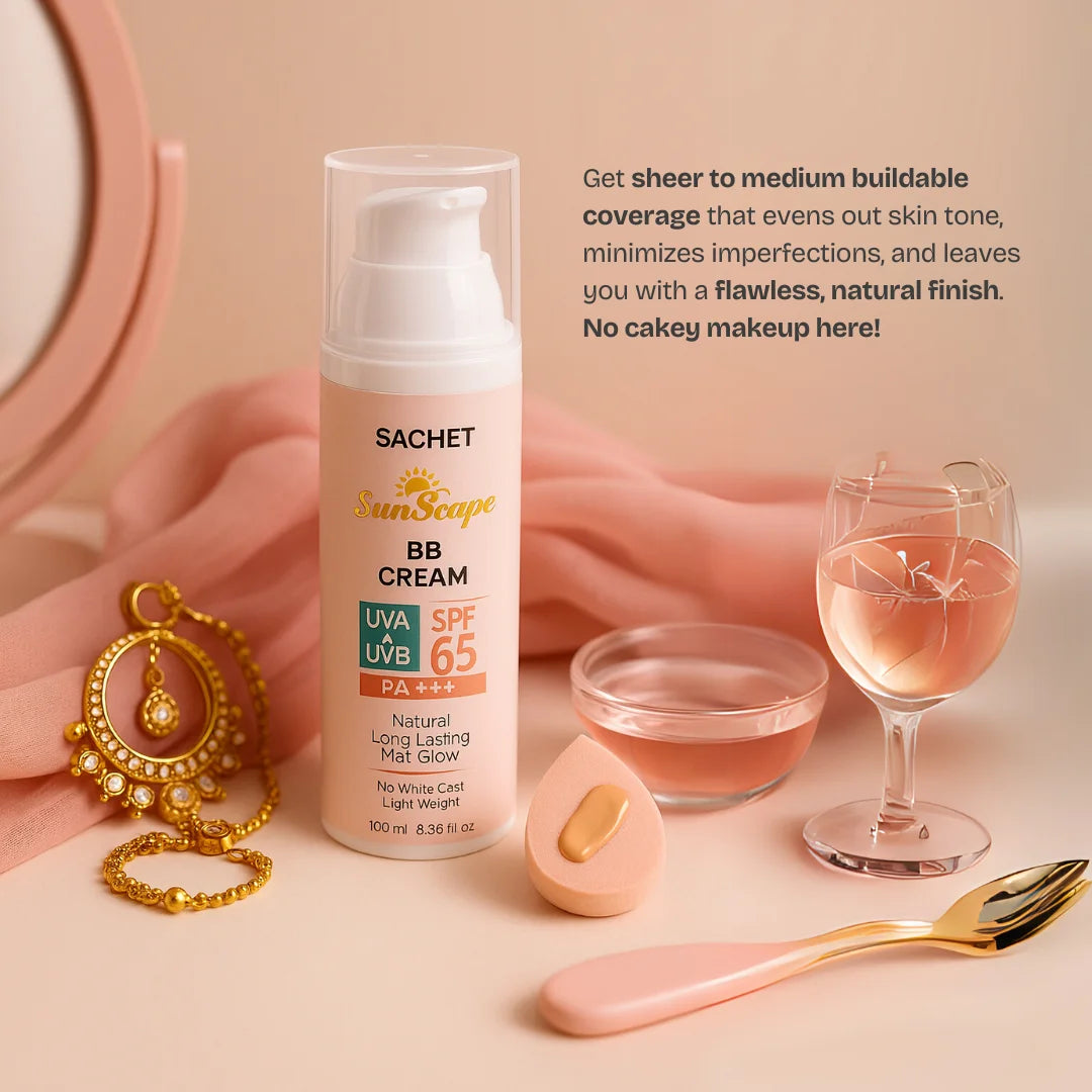 SACHET BB Cream Tinted Sunscreen SPF 65 packaging – 100ml pump bottle