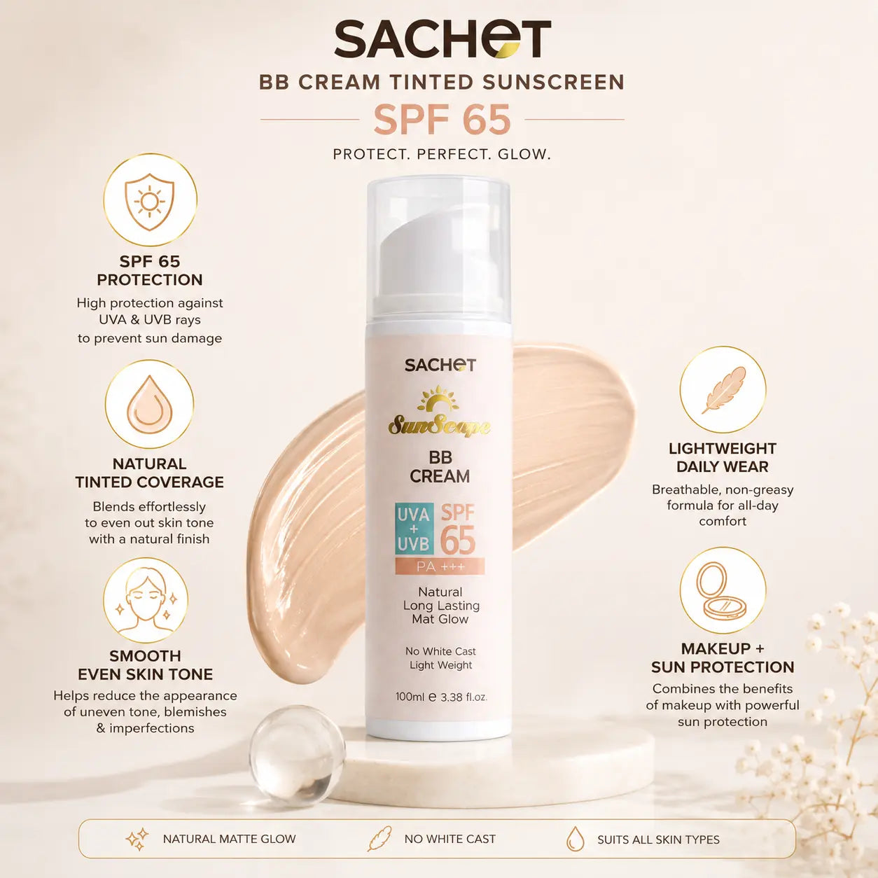 BB Cream Tinted Sunscreen SPF 65 benefits for no white cast and natural coverage