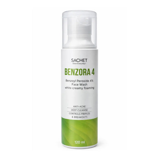 Advertisement for Sachet Benzora 4 skincare product with text about facial cleansing and breakout prevention.
