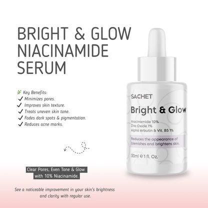 Sachet Bright & Glow Niacinamide serum bottle with product details on a light pink background