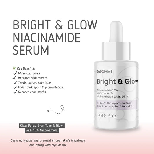 Sachet Bright & Glow Niacinamide serum bottle with product details on a light pink background