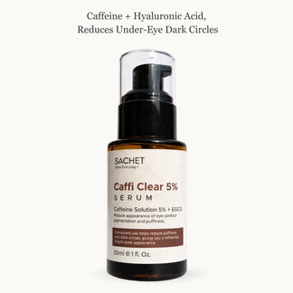 SACHET Caffi Clear 5% Serum bottle on a neutral background with coffee beans and dried flowers.