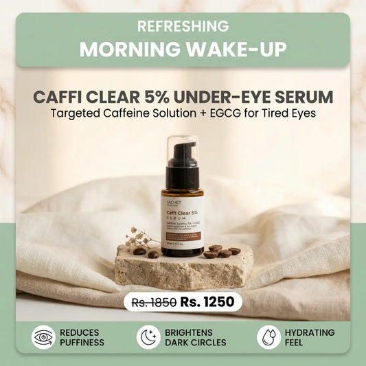 SACHET Caffi Clear 5% Serum bottle on a neutral background with coffee beans and dried flowers.