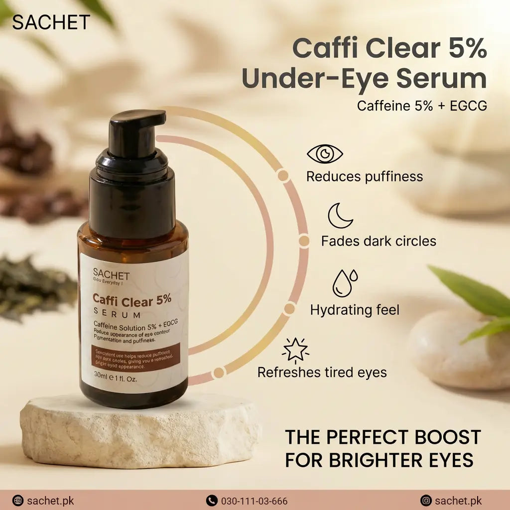 Sachet Caffi Clear 5% Under-Eye Serum with product details on a natural background