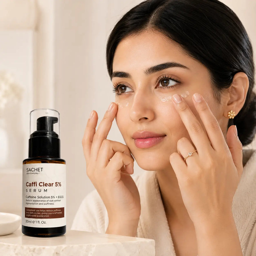 Sachet Caffi Clear 5% Under-Eye Serum with product details on a natural background