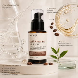 Sachet Caffi Clear 5% Serum bottle with leaves and beans on a light background