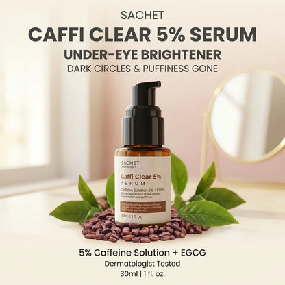 Sachet Caffi Clear 5% Serum bottle with leaves and beans on a light background